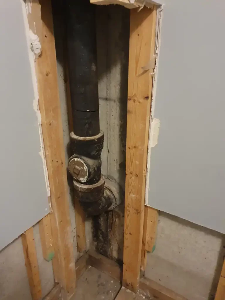 opened wall to access main sewer, plumbing fixtures attached to sewer line