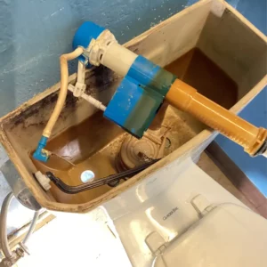 Close up of valve in toilet before team begins to install replacement piece