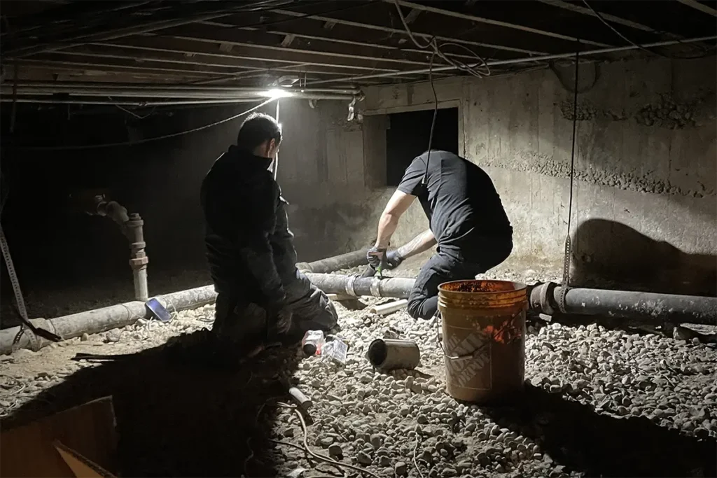 certified plumbers repairing existing sewer line in basement