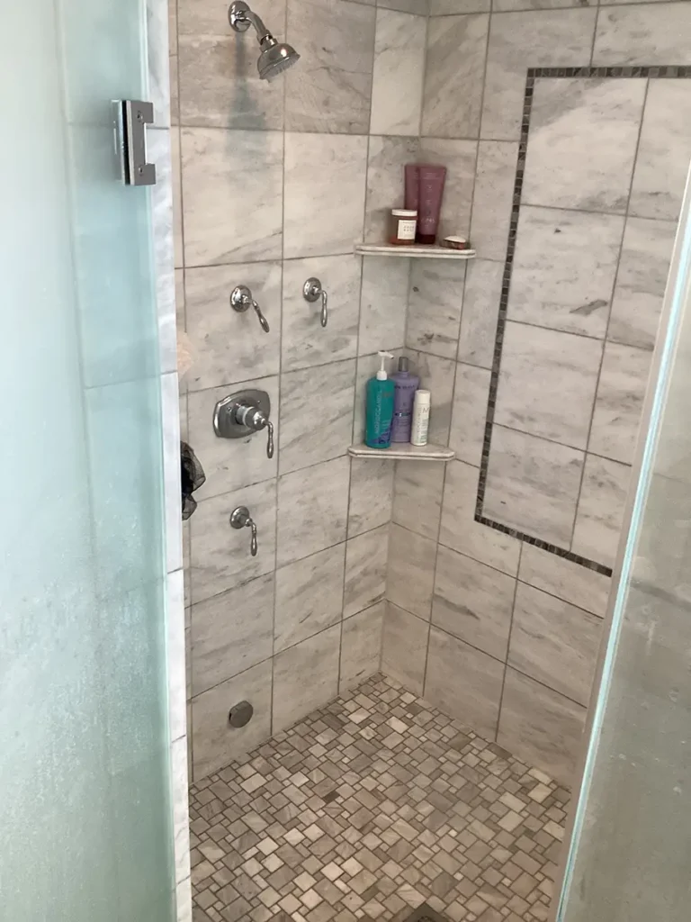 walk-in shower with glass door and built in shelves