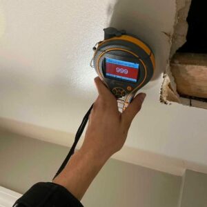 Using moisture meter to perform a water damage assessment.