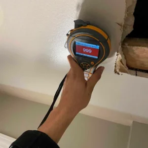Using moisture meter to perform a water damage assessment.