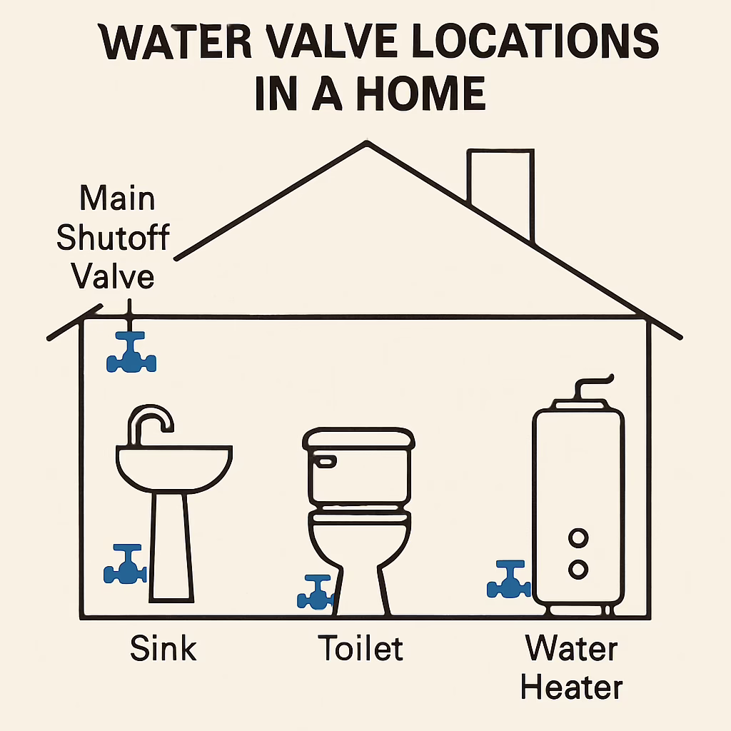 Diagram of water valve locations in a home, emergency plumbing tips